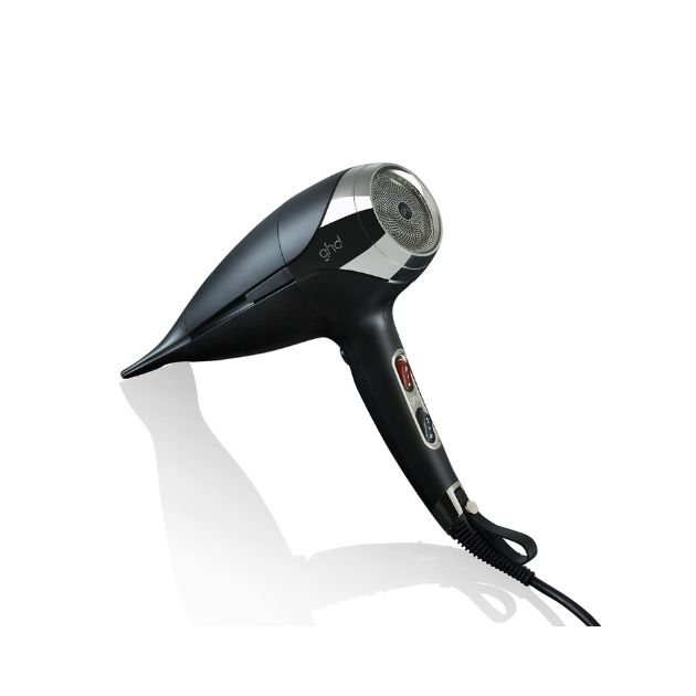 a black hair dryer with a cord